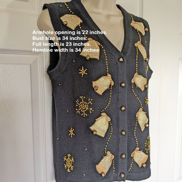 Reference Point Christmas Vest, Black, Gold appliques & beads, Jingling bells! - Picture 3 of 15